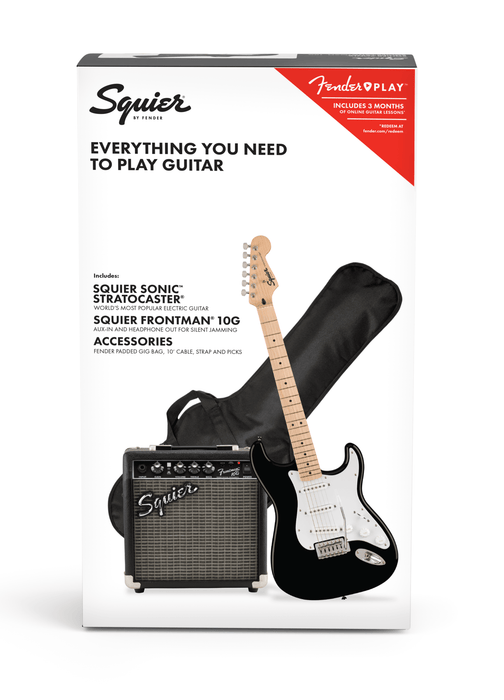 Fender Squier Sonic™ Stratocaster® Pack, Maple Fingerboard, Black, Gig Bag, 10G - 230V UK Starter Pack - Guitar Warehouse