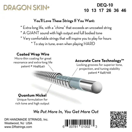 DR Strings Dragon Skin+ Coated Quantum Nickel Electric Guitar Strings Medium 10-46