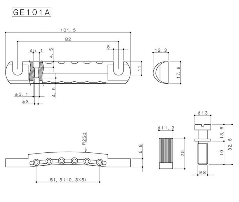 Gotoh Master Guitar Bridge - Relic Collection GE101A Aluminium Tailpiece with Studs - Aged Nickel