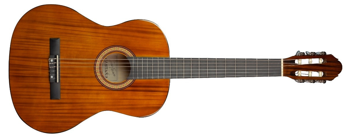 Wooden classical guitar on a white background