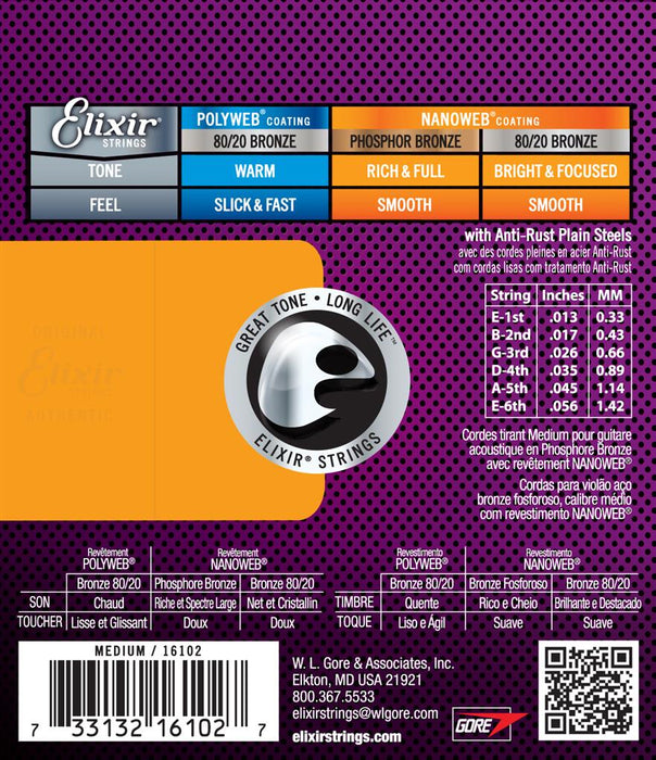 Elixir - Acoustic Strings Nanoweb Phosphor Bronze Medium 13-56 - Guitar Warehouse
