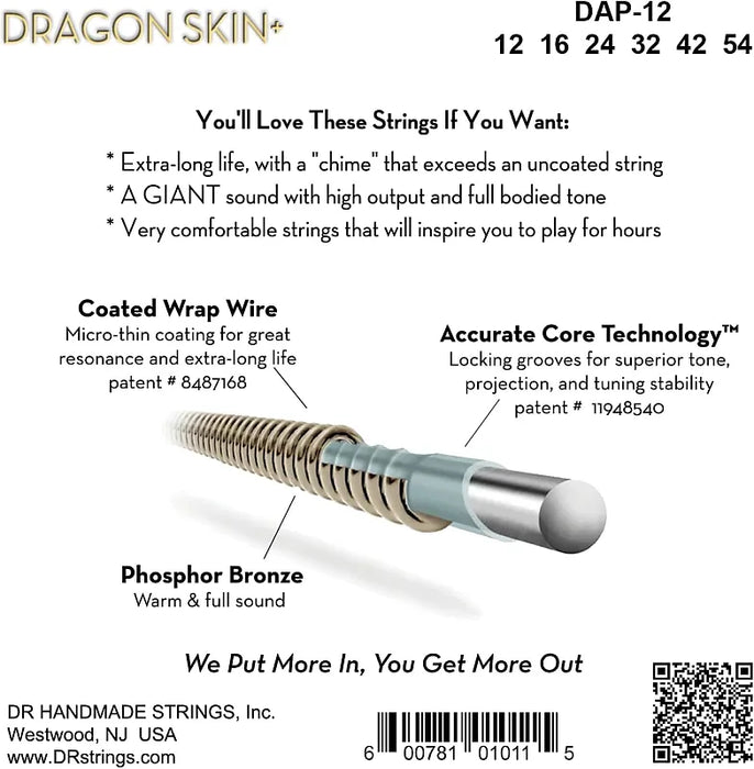DR Strings Dragon Skin+ DAP-12 Coated Phosphor Bronze Acoustic Guitar Strings 12-54 Light