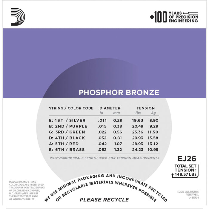 D'Addario Acoustic Guitar Strings EJ26 Phosphor Bronze 11-52 Custom Light Set - Guitar Warehouse