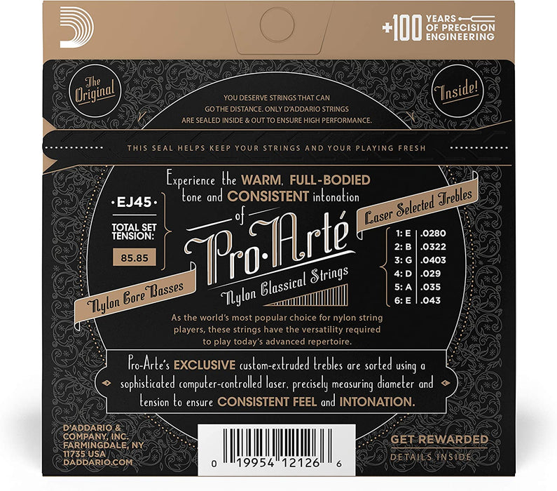 D'Addario Guitar Strings - Pro-Arte Classical Guitar Strings - EJ45 - Nylon Guitar Strings - Silver Plated Wound, Nylon Core - Normal Tension - Guitar Warehouse