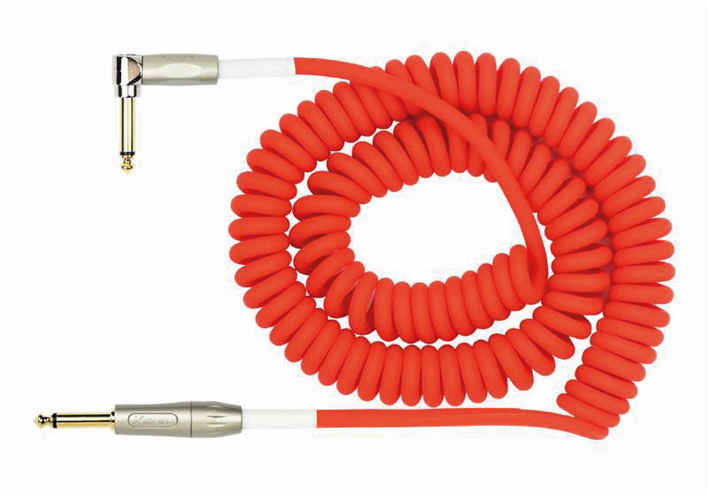 Kirlin Premium Coil Cable in Red - Right Angle to Straight Jack - 30ft - Guitar Warehouse