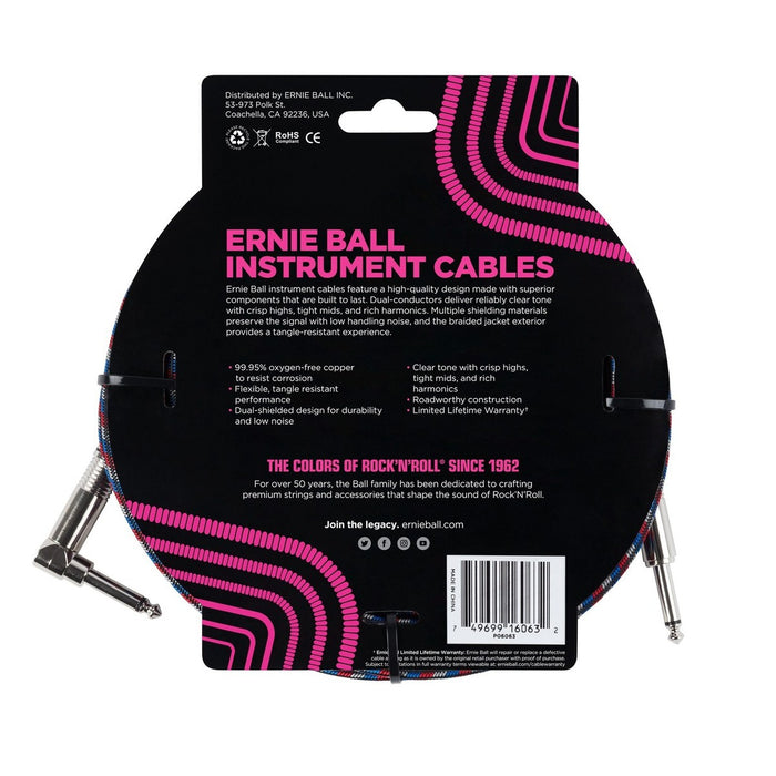 Ernie Ball Braided Cable SS 25ft - Blue/Red - Guitar Warehouse